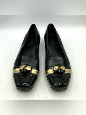 Fendi Black and Gold Leather Ballet Flats - Designer Fendi Logo Accent